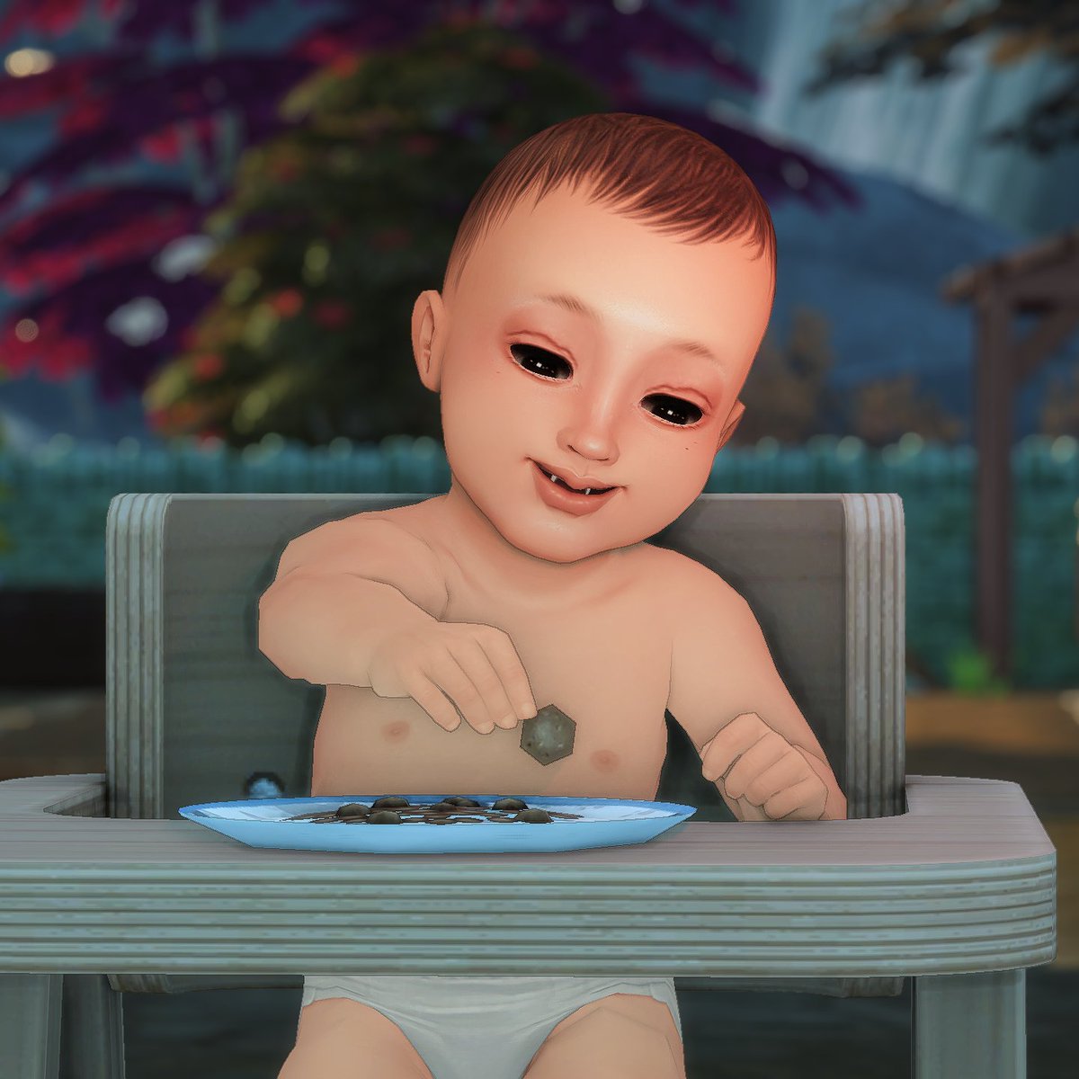 notsolety's tweet photo. im using my poetic license to make my bald medieval baby (Melinda) eat finger foods bc i wanted showcase my mod (again) https://t.co/owMbMBbEwl