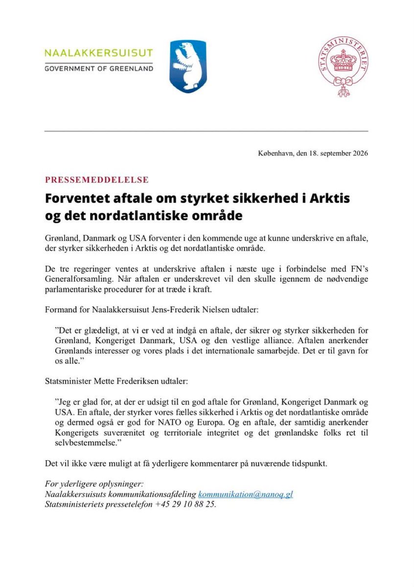 MarioNawfal's tweet photo. 🇩🇰🇬🇱🇺🇸 Denmark and Greenland say they expect to sign an Arctic security deal with the U.S. next week in New York.

Trump had already called it done this afternoon: permanent U.S. control over security on the island, no cost, rivals kept out, a bigger American footprint.

Copenhagen’s version is quieter.

They say it strengthens the North Atlantic, keeps Danish and Greenlandic sovereignty intact, and still has to pass their parliaments after the signing.

He described the maximum version.

They described a security pact that does not transfer the island.

Next week the signed paper will show which description is right.

Source: State Ministry Denmark / Writer: Lucas