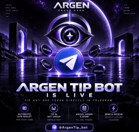 Argen_arc's tweet photo. 🤖ARGEN TIP BOT IS LIVE

We’ve been building this quietly, and its finally ready

ARGEN Tip Bot lets you interact with Arc tokens directly inside Telegram

Every user gets an automated EVM wallet, making it simple to send, receive, tip, burn and rain tokens

🐝 Tip $ARGUS, $ARGEN, $USDC or any supported @Arc token
🌧️ Rain tokens across a group
🔥 Burn tokens directly through the bot
👛 Automatic EVM wallet for every user
🌐 Use it in any Telegram group
⚡ Send & receive without leaving Telegram

Someone is active in the community? Tip them
Want to spread some tokens across the active group members? Rain them
Want to burn some supply? Burn it

Telegram just became a little more on-chain and we're still building 

🤖 Bot: @ArgenTip_bot