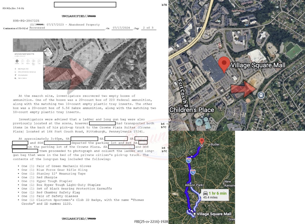 Mrgunsngear's tweet photo. I remember 2 years ago when both the FBI and Secret Service stated that they had the ladder in their possession that Thomas Crooks *didn't use* to get onto the roof in Butler, PA before shooting at President Trump.

I didn't know, until I just red this FBI document (left), that their official story of how they got the ladder is that it was found in the woods (I added arrows), along side a padded long gun case containing Thomas Crook's range membership badge, some 5.56 ammo boxes, gloves etc... 

The kicker?   That bag and ladder were found an hour away from the Butler Farms complex and were discovered by a construction worker who drove them to a hotel where the FBI then took possession of them.

What?!?!

Just add this "oddity" to the already non sensical story the feds have told us about this assassination attempt...

#feds #what #thomascrooks #psyop #Butler #ButlerFarms #FBI #SecretService