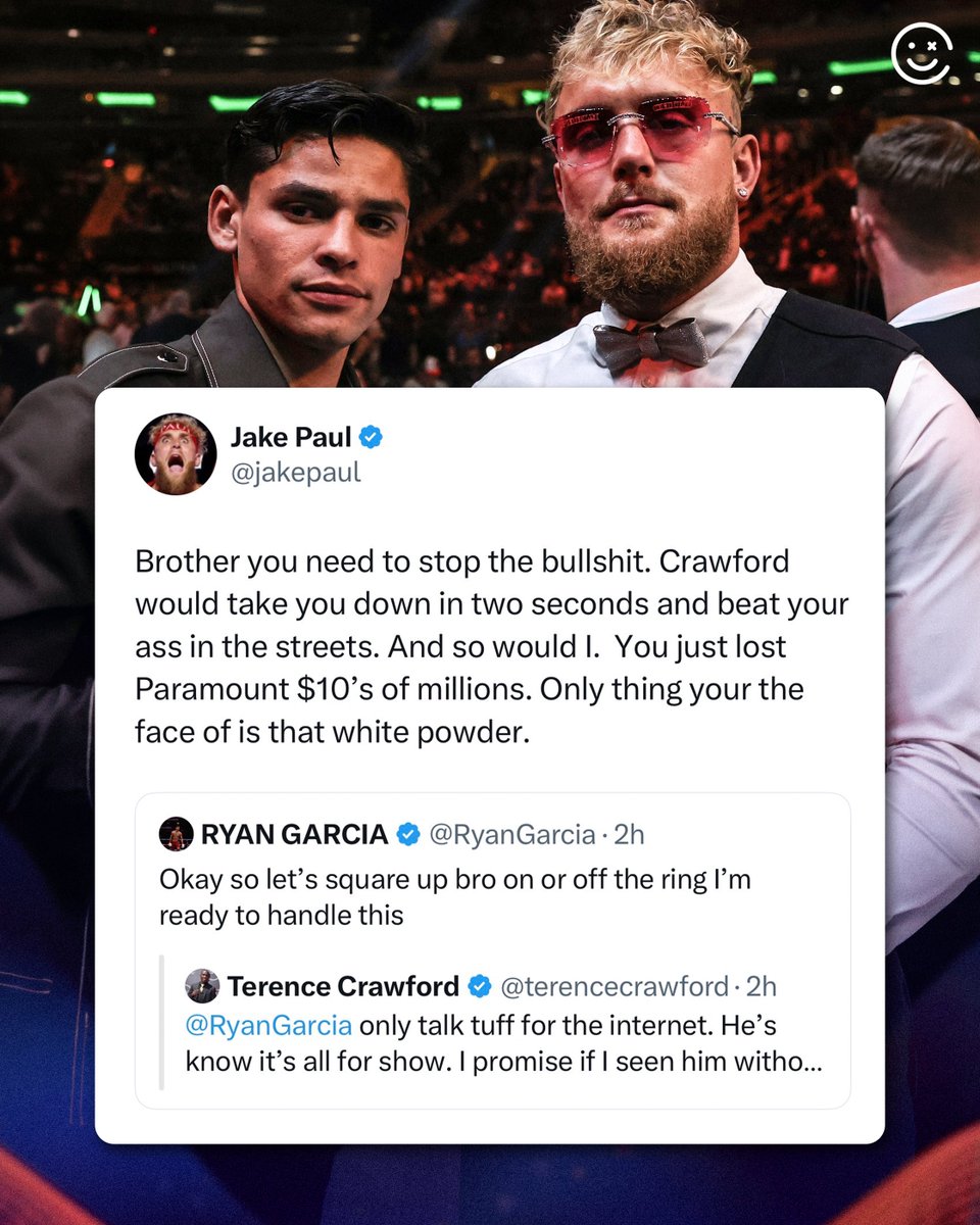 HappyPunch's tweet photo. Jake Paul tried putting Ryan Garcia on blast in a now-deleted post 😬

“You just lost Paramount $10's of millions. Only thing your the face of is that white powder.” https://t.co/dINELtnJzf