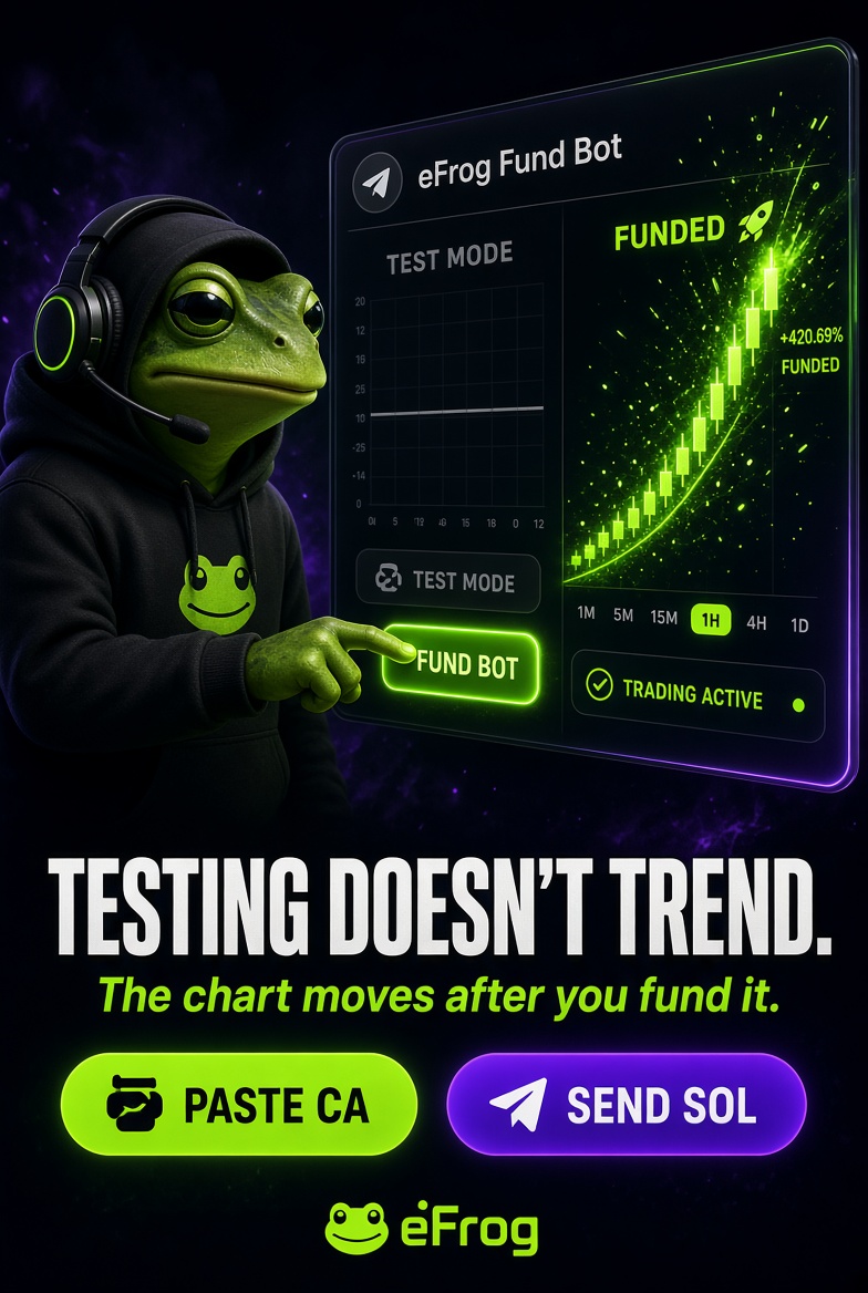 frogboostbot's tweet photo. 🧪 Testing the bot doesn’t move DexScreener.
👀 You can click around all night. Preview modes. Check wallets. Tour the menu.
📉 Your token still sits dead until SOL hits the bot.
🐸 eFrog starts working the second it’s funded. Fresh wallets. Live tape. Ranking pressure.
⚡ Paste CA → send SOL → watch the board react.
🔗 Link in bio.
#Solana #PumpFun #DexScreener #Memecoins #SolanaBot #VolumeBot