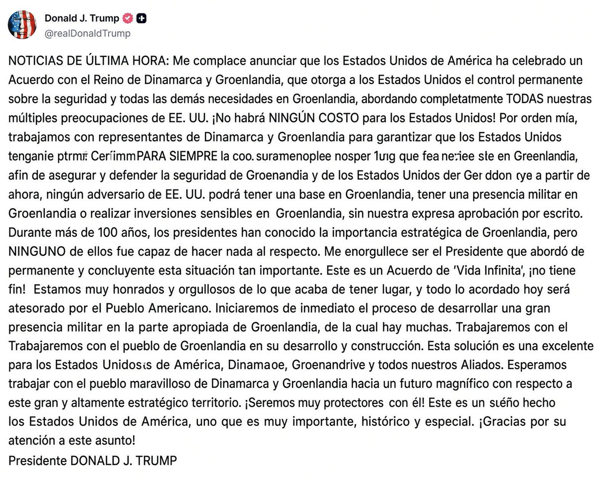 AlertaMundoNews's tweet photo. 🇺🇸🇩🇰🇬🇱 Donald Trump anuncia un acuerdo con Dinamarca que, según afirma, otorga a Washington el "control permanente" de la seguridad de Groenlandia e impide inversiones o bases de países adversarios sin su autorización. https://t.co/zEFsnqmAat