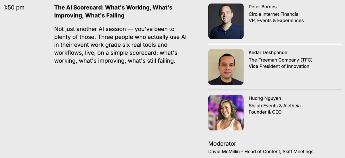 entrylevelvp's tweet photo. Excited to be joining Kedar and Huong at next week's @SkiftMeetings Forum.

No hype, no theory. Three practitioners who actually use AI in their work, evaluating real tools and workflows live. What's working, what's improving, and what's still falling short. If you're in events and trying to figure out where AI is actually earning its place, this is the room.