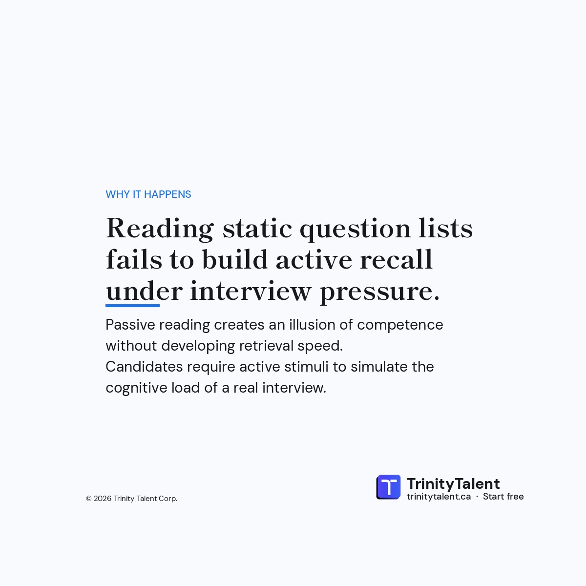 Trinitytalentca's tweet photo. Fire Round: 10 questions, fast. Reading questions is not practice. Our demo account uses a bank of 717 to test you with 10 rapid questions per session. Answer, move on, review. Which role family are you targeting today? #InterviewTips https://t.co/C36Bkf5CzX