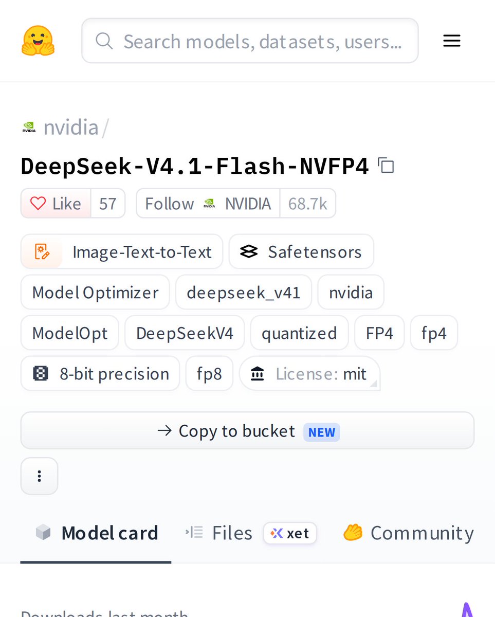 HuggingModels's tweet photo. NVIDIA just dropped DeepSeek-V4.1-Flash-NVFP4, a quantized version of DeepSeek V4.1 that fits in 4-bit precision. This means faster inference, lower memory, and it handles both images and text. A big win for running powerful AI on modest hardware. https://t.co/HdtLZtLGkx