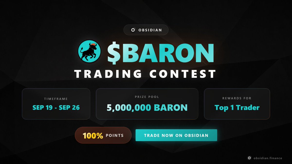 ObsidianSwap's tweet photo. ✨New Trading Contest✨

$BARON by @BARONonCronos trading contest starts tomorrow on @ObsidianSwap for @CronosNetwork
 
Winner takes all. No podium, no consolation, no mercy

 ⚔️ LAST MAN STANDING
🥇5M $BARON worth ~$300+
📅7 Days
⚡️100% Boost https://t.co/itX9Ltir5w