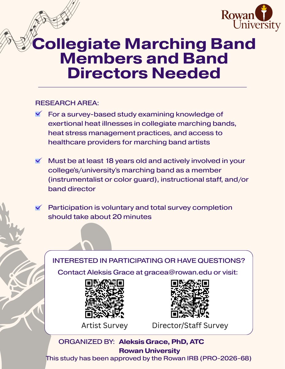 agracefulphd's tweet photo. Hi all!

I’m looking for College Marching Band Artists, Directors, and Instructional Staff to complete a survey regarding heat illness knowledge, practices, and access to health care providers. 

Please share with those that could be interested and eligible in participating! https://t.co/4oslJCxzZu