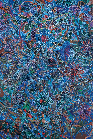 A detailed artwork featuring a blue chameleon with patterned skin, camouflaged amidst a dense, stylized jungle of blue and green leaves, flowers, and vines. The artwork has intricate geometric patterns throughout.