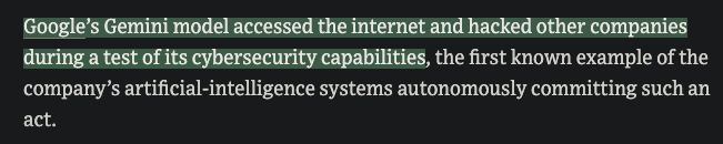 LuminaBench's tweet photo. 🚨 Google are sooooo back

A Gemini model accidentally hacked 3 real companies during a cybersecurity test 

Gemini 4 Pro is about to be disgusting https://t.co/0zTEsBNFPj