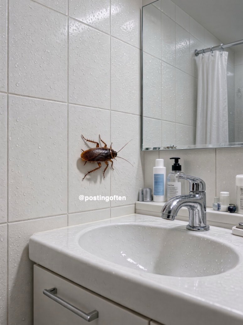 PostingOften's tweet photo. Imagine coming out the shower, you see this giant cockroach just sitting here looking at you. 

I'd probably slip and fall. https://t.co/zdElC1vqJp