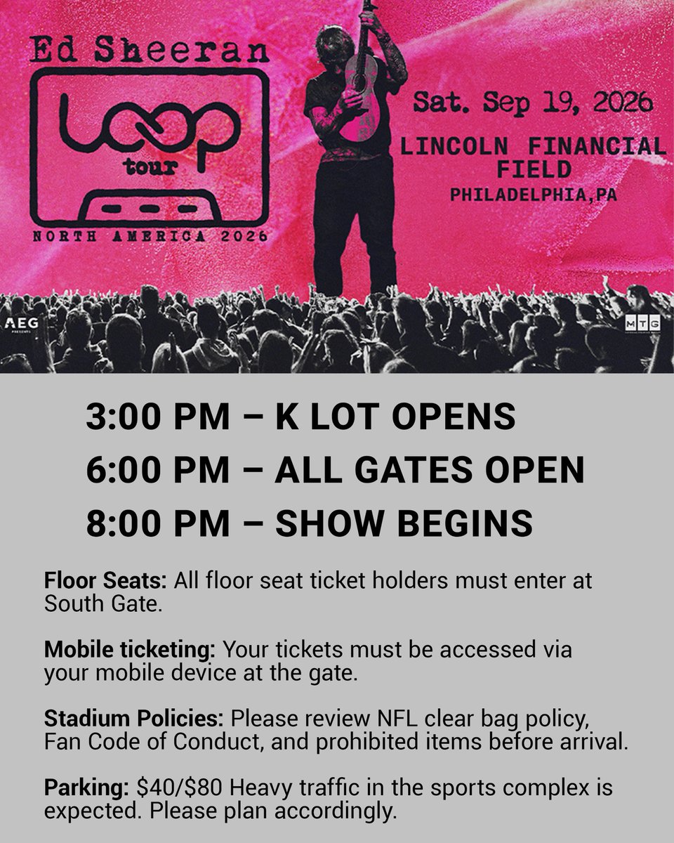 LFFStadium's tweet photo. Get ready for Ed Sheeran tomorrow at Lincoln Financial Field as he takes the stage at 8PM. Click below to review some important event information! 

In need of assistance during tomorrow’s event? Text the word ASSIST <space> your issue &amp; location to 267-570-4444 https://t.co/iLPF1qugQF