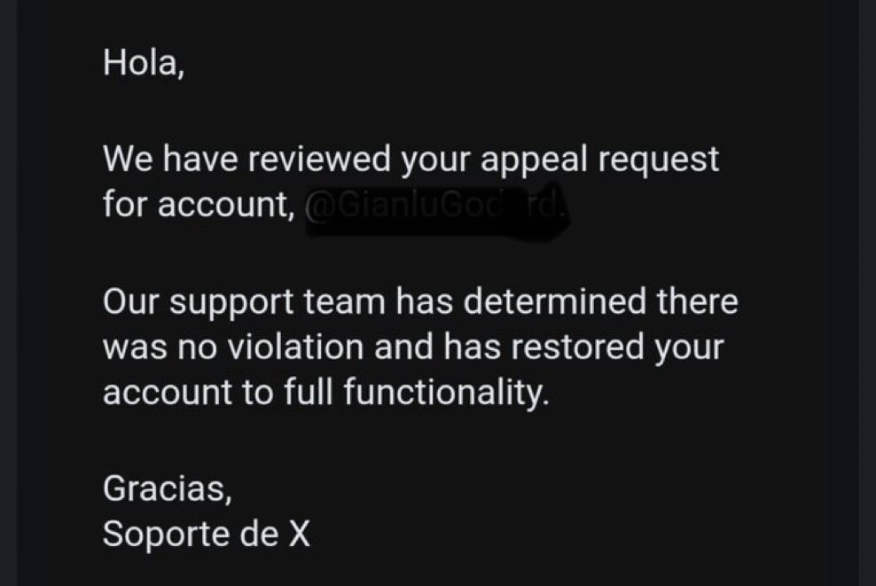 porqueTTarg's tweet photo. "Truco"

Porque si apelás la suspensión de tu cuenta de X en hebreo, la red social siempre te devuelve la cuenta. https://t.co/Yya2YvLLpK