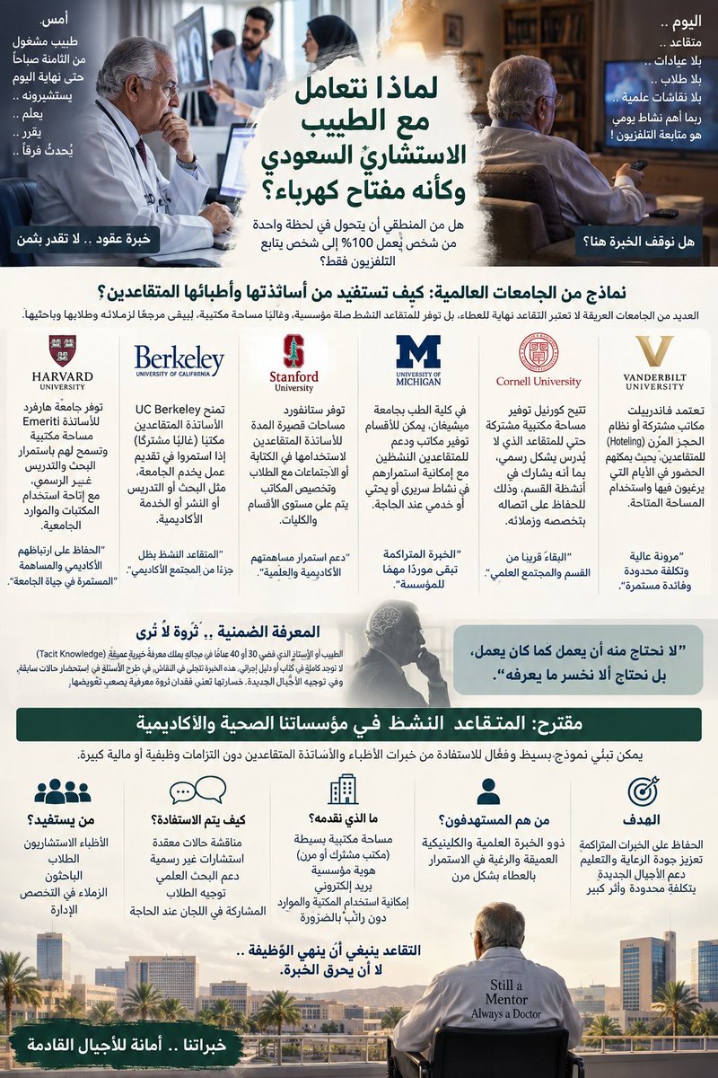 Abdazizghadeer's tweet photo. لماذا نتعامل مع الطبيب الاستشاري السعودي وكأنه مفتاح كهرباء؟

تحدثت اليوم مع أحد أفضل الأطباء السعوديين في تخصصه. أخبرني بشيء من الألم أنه طلب عدم تجديد عقده والتقاعد، ثم بدأ يستوعب التحول القادم: من طبيب يبدأ يومه الثامنة صباحًا ولا يكاد يجد فراغًا حتى نهايته، إلى متقاعد يخشى أن تصبح مشاهدة التلفزيون أبرز مشاغله اليومية.

المشكلة ليست في التقاعد، بل في أن نخسر معه المعرفة الضمنية (Tacit Knowledge)، وهي حصيلة عشرات السنين من الحالات والقرارات والأخطاء والتجارب التي تسكن عقل الطبيب ولا توجد كاملة في كتاب أو بروتوكول.

في عدد من الجامعات الغربية يوجد مفهوم الأستاذ المتقاعد النشط (Emeritus)؛ يتقاعد من وظيفته، لكن لا تنقطع صلته بمؤسسته. وقد تتاح له مساحة مكتبية أو مشتركة، بلا وظيفة كاملة ولا مقابل مالي بالضرورة، ليبقى قريبًا ممن يحتاج خبرته.

يزوره استشاري لمناقشة حالة معقدة، وباحث لمناقشة فكرة، وطالب ليستفيد من تجربة عمر.

لماذا لا نتبنى نموذجًا مشابهًا في مؤسساتنا الصحية والأكاديمية، خصوصًا لأصحاب الخبرات العميقة؟

لا نحتاج منهم أن يعملوا كما كانوا يعملون، بل نحتاج ألا نخسر ما يعرفونه.

فليس منطقيًا أن نستثمر 30 أو 40 عامًا في بناء عقل طبي أو أكاديمي، ثم نتعامل مع التقاعد وكأنه مفتاح كهرباء:
بالأمس يعمل 100%، واليوم نطفئه إلى صفر.

التقاعد ينبغي أن ينهي الوظيفة، لا أن يحرق الخبرة.