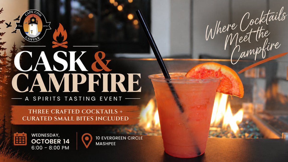 CapeCodRoasters's tweet photo. Where cocktails meet the campfire. 🔥🥃

Join us at Cape Cod Coffee for Cask &amp; Campfire, featuring three specialty cocktails, independent spirits, seasonal flavors, and paired bites.

📍 10 Evergreen Circle, Mashpee

Tickets: https://t.co/uoyzCpYps7
____
#CapeCodCoffee #MashpeeMA https://t.co/uphhQGMNuT