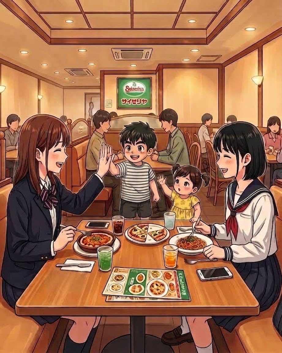 ViaFerrata4's tweet photo. サイゼリヤでご飯を食べた後、娘がレジまで歩いていたら、途中で女子高生と目があって立ち止まった。
女子高生が「かわいい」と言ってくれて、娘が女子高生に向かって歩いて「タッチ」をしに行った👧
それ見た息子も「タッチ」しに行って、「バイバイ」と言って帰ってきた👦
お姉さん優しかったね👩‍🎓✨ https://t.co/LFrpOR74Bu