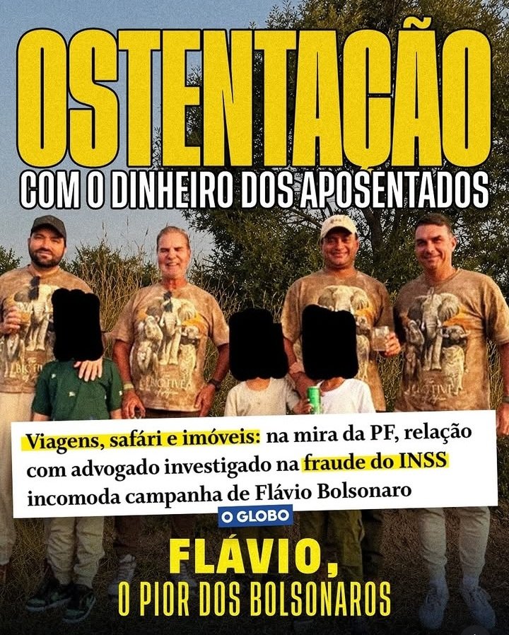 LigianePestana's tweet photo. Enquanto os aposentados, pensionistas e funcionários públicos tinham seu dinheiro ROUBADO, Flávio Bolsonaro curtia safári na Africa do Sul ao lado de Willer Tomaz, seu amigão, investigado pela Policia Federal no caso da fraude do INSS. https://t.co/qrCl2kNrBz