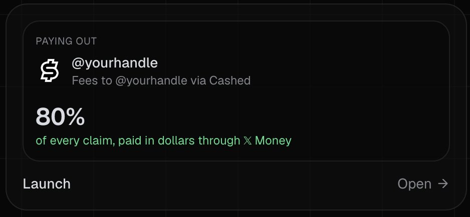 GetCashedMoney's tweet photo. 80% of creator fees goes to the 𝕏 handle.

Protocol cut from launches is 20%, used to buyback and burn $CASHED. https://t.co/D5qTvAcGQZ