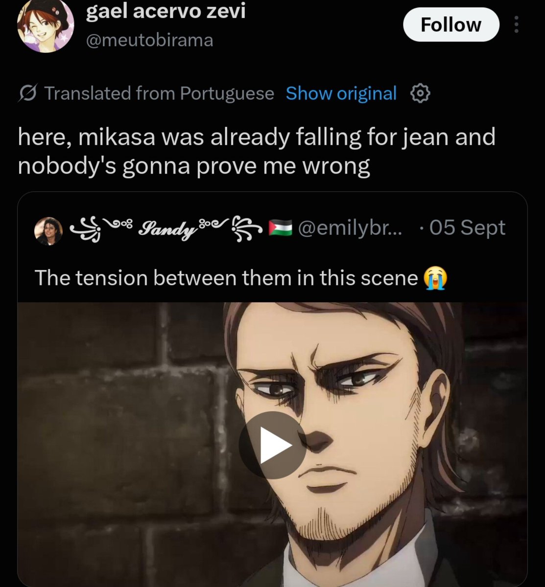 MSD41148's tweet photo. Remember when losers like this person were fantasizing about Mikasa having sex with Jean when she was depressed and no one said anything? Now an EM says the MAIN couple had sex in a secluded cabin and all hell breaks loose https://t.co/MTQByAlTw0