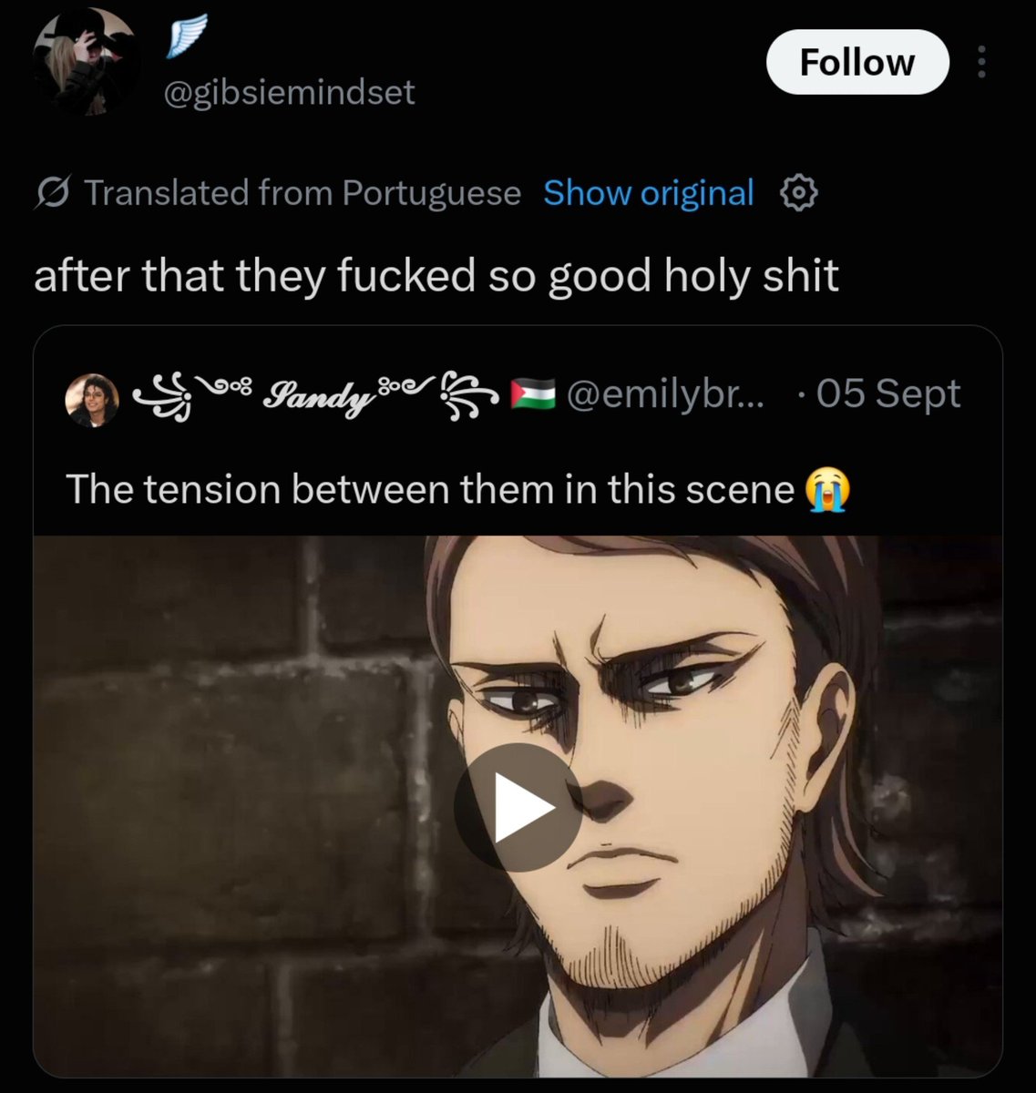 MSD41148's tweet photo. Remember when losers like this person were fantasizing about Mikasa having sex with Jean when she was depressed and no one said anything? Now an EM says the MAIN couple had sex in a secluded cabin and all hell breaks loose https://t.co/MTQByAlTw0
