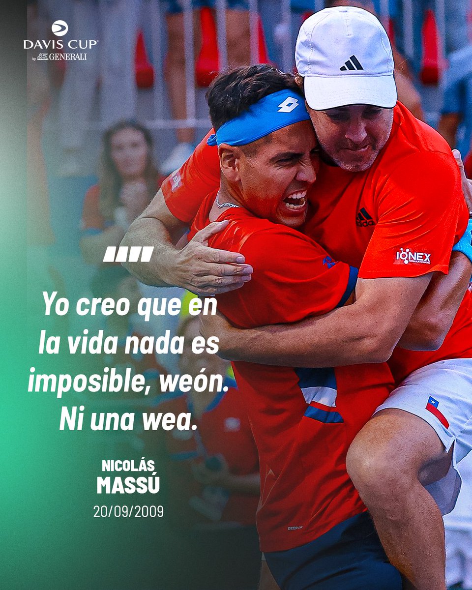 CopaDavis's tweet photo. Estamos a menos de 24 horas de la serie entre Chile y España 🇨🇱 🆚 🇪🇸

Y es un buen momento para recordar que hace 16 años @massunico pronunciaba una de las frases históricas del deporte chileno tras remontar un 0-2 en más de 5 horas de partido 🤯

#CopaDavis https://t.co/vblwpvogsf
