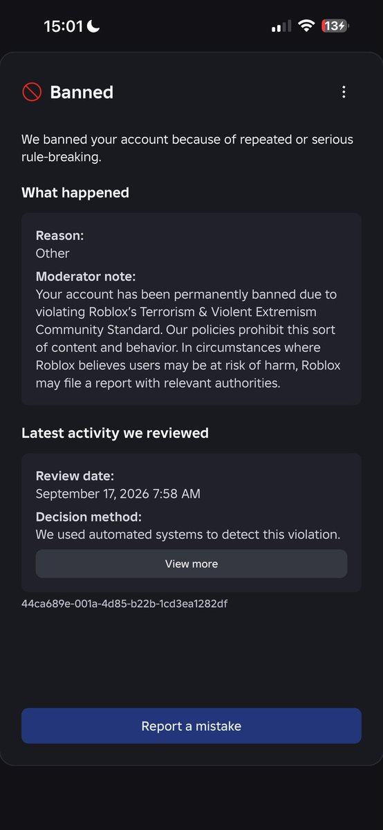removeIove's tweet photo. @batajoo_ I got banned for such a dumb reason fym "terrorism and extremism"😭 https://t.co/z6hbZQQeGR