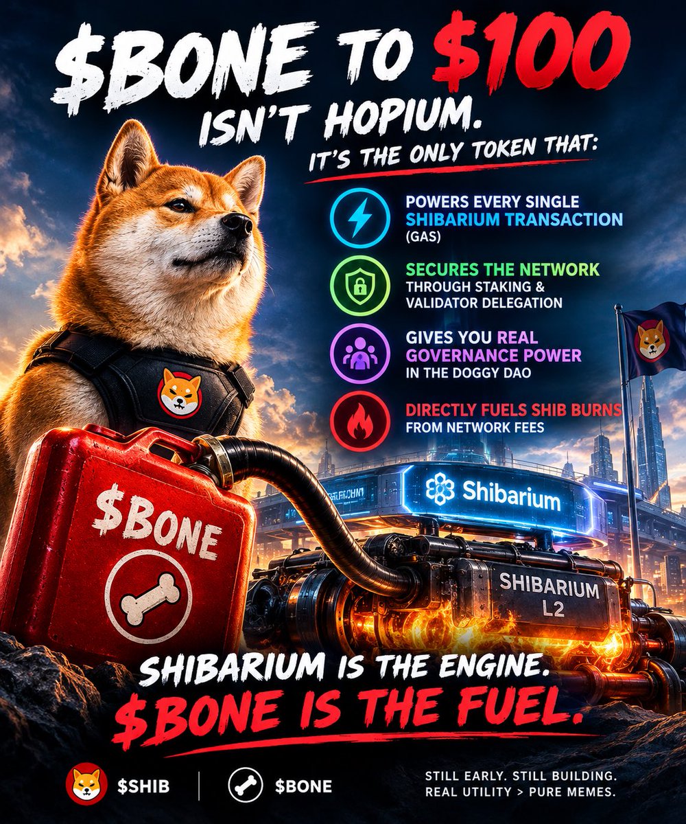 CryptoSupp38181's tweet photo. 🦴#Bone to $100 🚀
🔥Powers every single #Shibarium txn
🔥Secures the network through staking & validator delegation
🔥Gives real governance power
🔥Directly fuels #Shib burns
Shibarium is the engine💪
#Bone is the fuel
#ShibArmy #Crypto #Altseason #Altcoin #Binance #CoinBase https://t.co/deSEuzBI4c