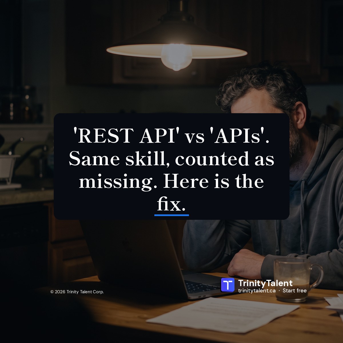 Trinitytalentca's tweet photo. 'REST API' vs 'APIs'. Same skill, counted as missing. Here is the fix. Match separates exact matches, wording mismatches and true gaps. Run a free screening report. Fix what it flags. Apply again. Review the next lesson in the series. #ATS https://t.co/R8zY4XOK3l