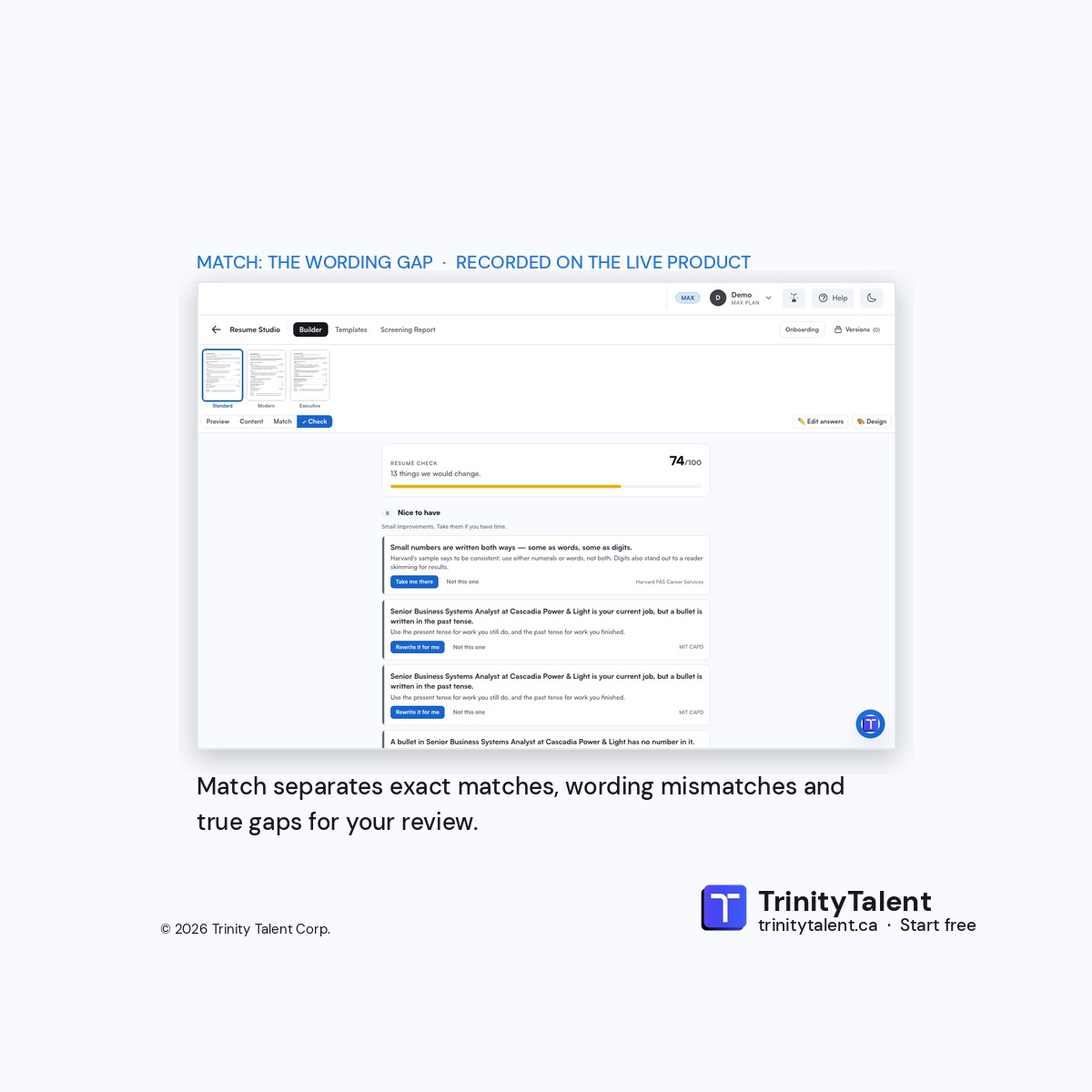 Trinitytalentca's tweet photo. 'REST API' vs 'APIs'. Same skill, counted as missing. Here is the fix. Match separates exact matches, wording mismatches and true gaps. Run a free screening report. Fix what it flags. Apply again. Review the next lesson in the series. #ATS https://t.co/R8zY4XOK3l