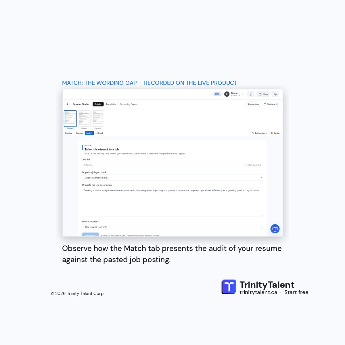Trinitytalentca's tweet photo. 'REST API' vs 'APIs'. Same skill, counted as missing. Here is the fix. Match separates exact matches, wording mismatches and true gaps. Run a free screening report. Fix what it flags. Apply again. Review the next lesson in the series. #ATS https://t.co/R8zY4XOK3l