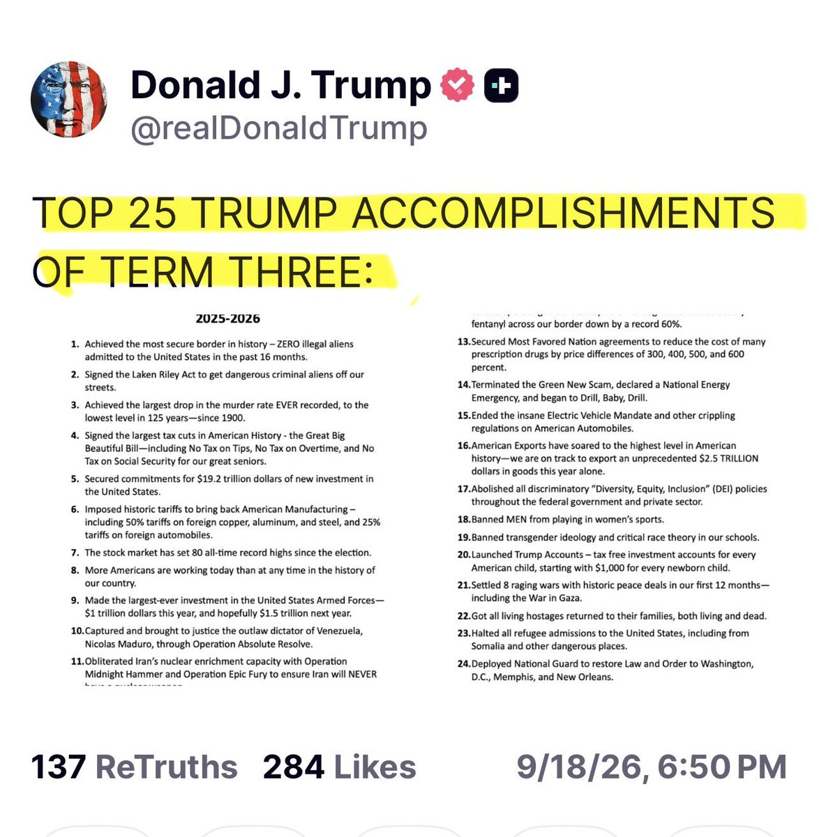 Juliedonuts's tweet photo. President Trump Posts his “TOP 25 TRUMP ACCOMPLISHMENTS OF TERM THREE”

Term 3. 😏🐸💥💥
He never left. CIC 🔥 https://t.co/Jl8KqqhUcX