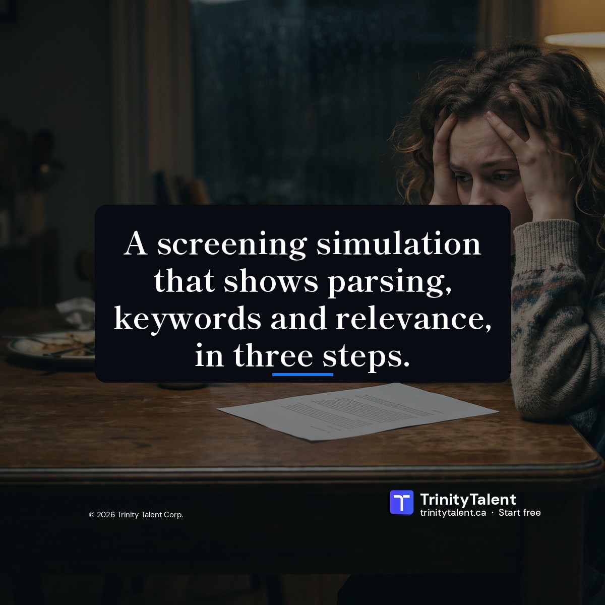 Trinitytalentca's tweet photo. A screening simulation that shows parsing, keywords and relevance, in three steps. Choose the resume, choose a general check or a match against one posting, then review and run. The general check covers structure, readability and parsing. #ATS https://t.co/lh0xA89Aaw