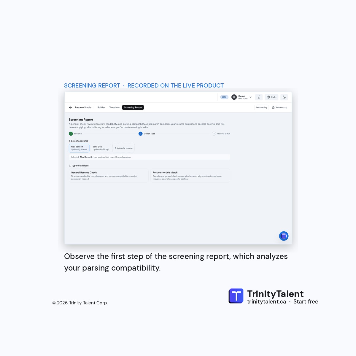 Trinitytalentca's tweet photo. A screening simulation that shows parsing, keywords and relevance, in three steps. Choose the resume, choose a general check or a match against one posting, then review and run. The general check covers structure, readability and parsing. #ATS https://t.co/lh0xA89Aaw