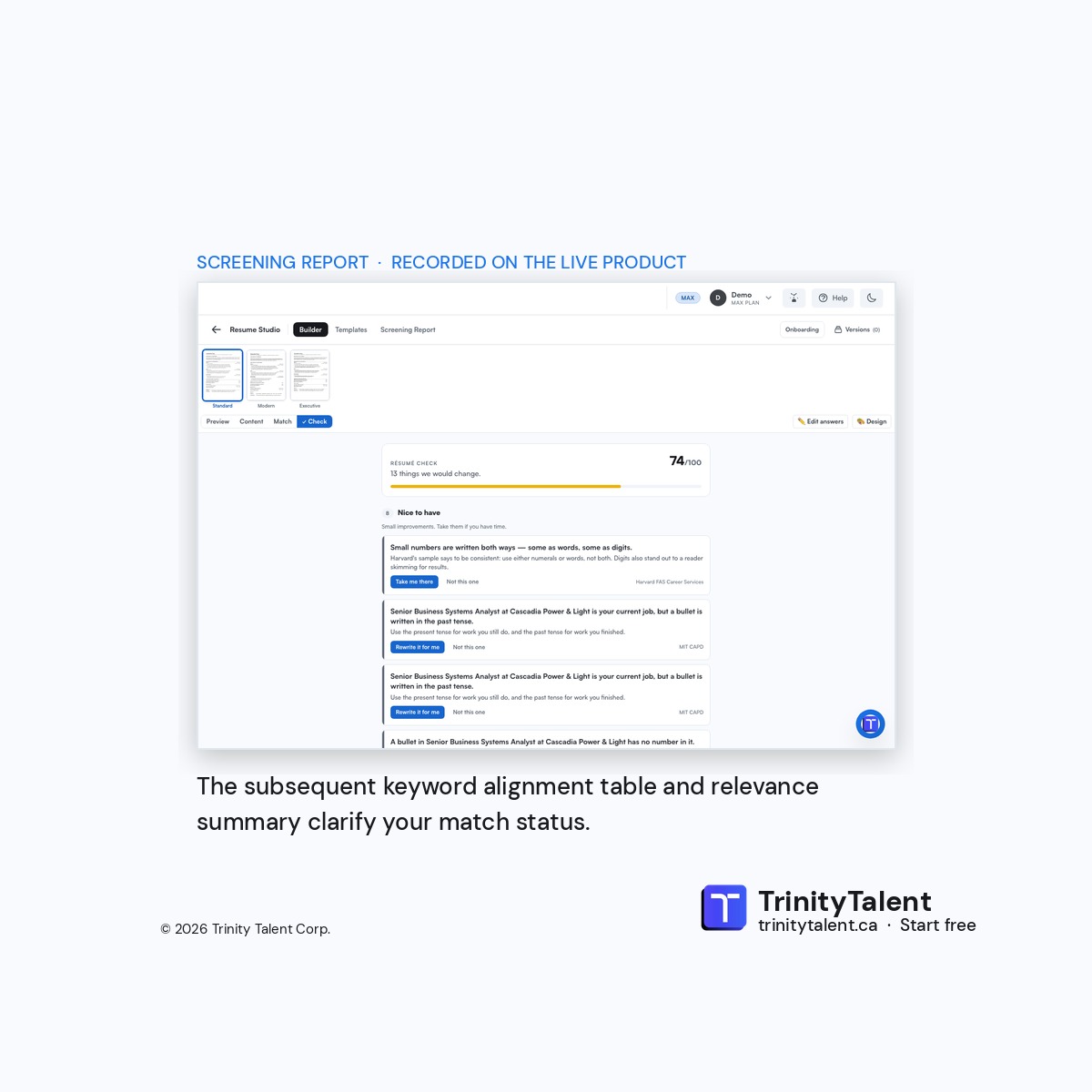 Trinitytalentca's tweet photo. A screening simulation that shows parsing, keywords and relevance, in three steps. Choose the resume, choose a general check or a match against one posting, then review and run. The general check covers structure, readability and parsing. #ATS https://t.co/lh0xA89Aaw