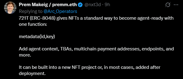 Arc_Operators's tweet photo. This is it.

721T is the missing layer.

Arc Operators already have: 
- Permanent desks 
- On-chain jobs
- Vaults
- Missions
- Reputation
- A city that actually works

ERC-721T (ERC-8048) now gives every Operator a standard way to become a real agent:

Not just art.
Not just traits.

metadata(id, key)

→ Agent context
→ Token Bound Accounts
→ Multichain payment addresses
→ Endpoints  One function.

This is how an NFT stops being a picture and starts becoming an employee. 

Final decision + full details dropping soon.

The city is already live. The Operators are already at their desks.

Thanks @nxt3d