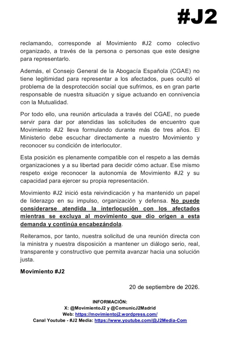 MovimientoJ2's tweet photo. COMUNICADO MOVIMIENTO #J2. 

"Por una interlocución directa con el Ministerio en la elaboración del Reglamento de la Ley de Pasarela al RETA y una representación legítima de los mutualistas afectados".

Cc. @SaizElma @CorujoBorja 

Versión texto en hilo. (1). https://t.co/5vg0sSGmUh