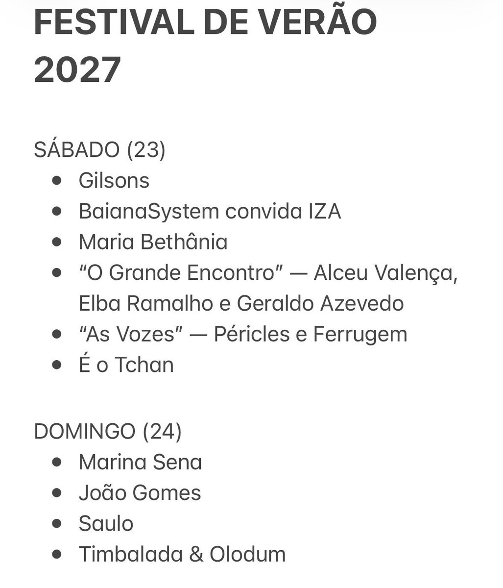 eubiandrade's tweet photo. GRADE DO FESTIVAL DE VERÃO 2027 

As informações foram divulgadas pela Bahia Eventos e Salvador Produções. O evento segue sendo realizado no WET, na Paralela. https://t.co/hc6I1SDm8O