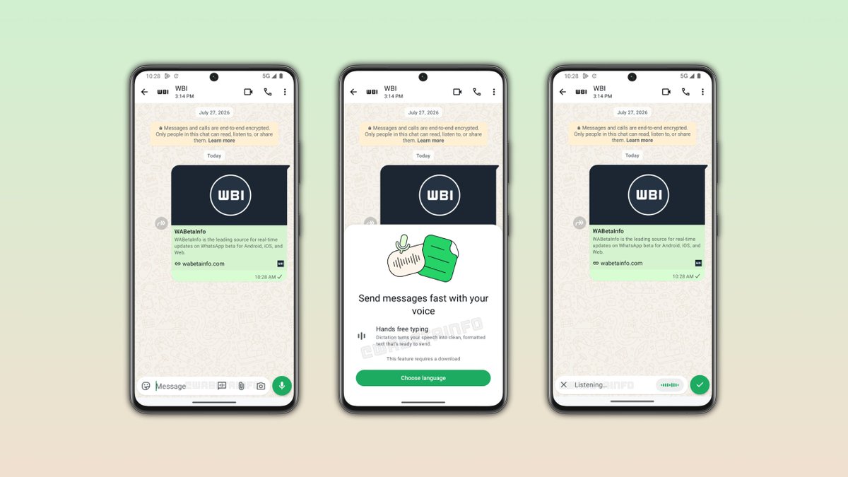 WABetaInfo's tweet photo. WhatsApp is testing a new voice-to-text feature for messages!

WhatsApp is developing a feature that will let users dictate a message and send it as text on Android.

https://t.co/lwWPabL6mr https://t.co/IdXD9WGpX9