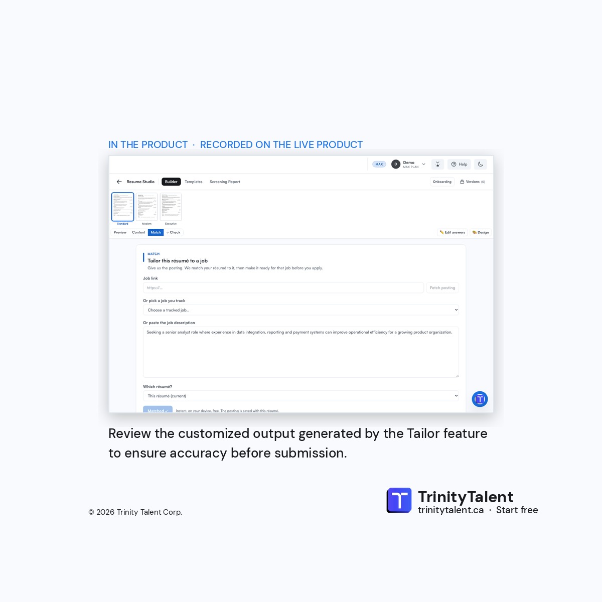 Trinitytalentca's tweet photo. One resume. One posting. One pass. Then you review every change. Tailor completes one pass for the posting. You review the result. Run a free screening report. Fix what it flags. Apply again. Which section did you adjust first? #ATS https://t.co/hiibUi8u33