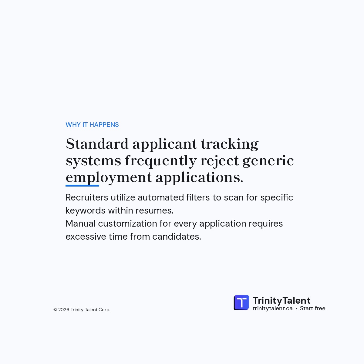 Trinitytalentca's tweet photo. One resume. One posting. One pass. Then you review every change. Tailor completes one pass for the posting. You review the result. Run a free screening report. Fix what it flags. Apply again. Which section did you adjust first? #ATS https://t.co/hiibUi8u33