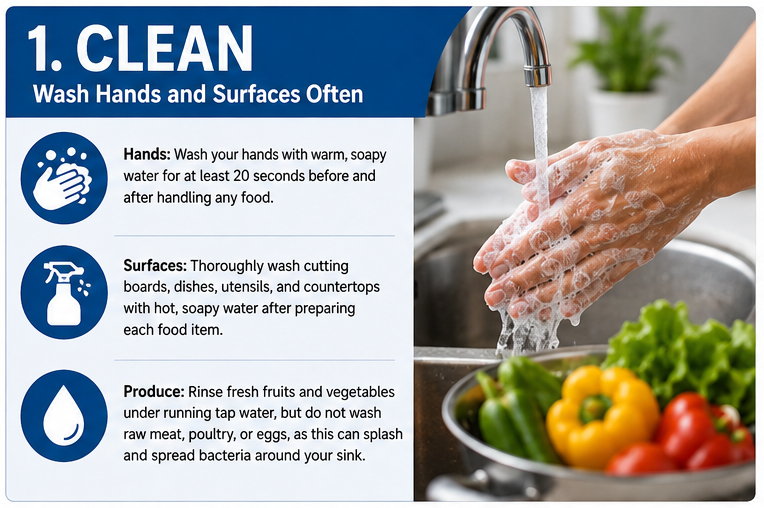 UCCESanDiego's tweet photo. September is National Food Safety Education Month! Keep food safe with 4 simple steps: Clean, Separate, Cook, and Chill. This graphic shares USDA food safety guidance followed by EFNEP at UCCE San Diego. #FoodSafetyMonth https://t.co/ZRIW6Tbet5