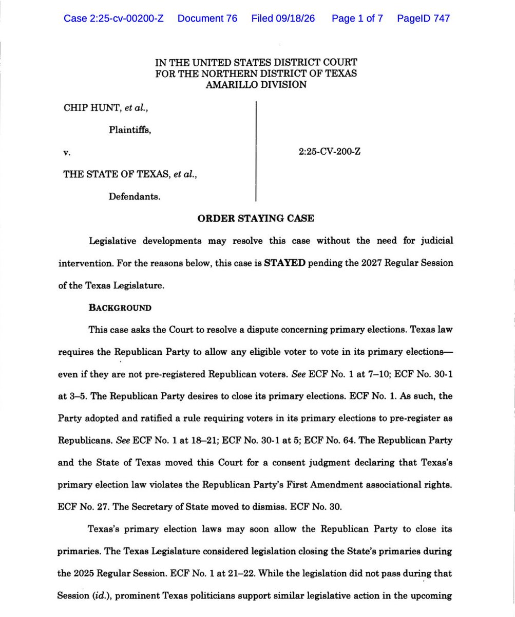bradj_TX's tweet photo. New: Judge Matthew Kacsmaryk has issued a stay in the closed primary lawsuit from @TexasGOP against @TXsecofstate.

Order: https://t.co/NIjRDzwqkI https://t.co/WHA8NLxkaa