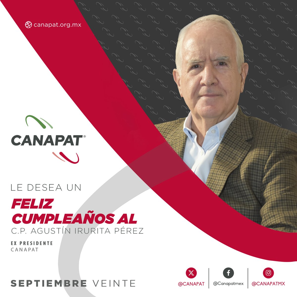 CANAPAT's tweet photo. Enviamos felicitación de cumpleaños al C.P. Agustín Irurita Pérez; uno de nuestros fundadores y ex presidente #CANAPAT 

¡Enhorabuena! 
 
@Virginia_Olalde https://t.co/hco7stFI8m