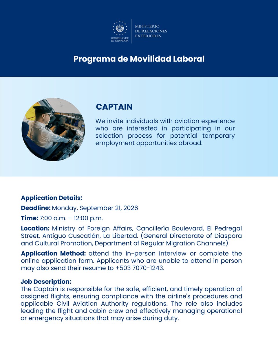 cancilleriasv's tweet photo. ✈️ Apply to our #MovilidadLaboralSV Program.

If you are Salvadoran and have experience as an A320 Captain, participate in this selection process for temporary employment opportunities abroad.

📅 September 21, from 7:00 a.m. to 12:00 p.m.

🔗 Register: https://t.co/YBZQhrncZP https://t.co/yjAU2HhToG