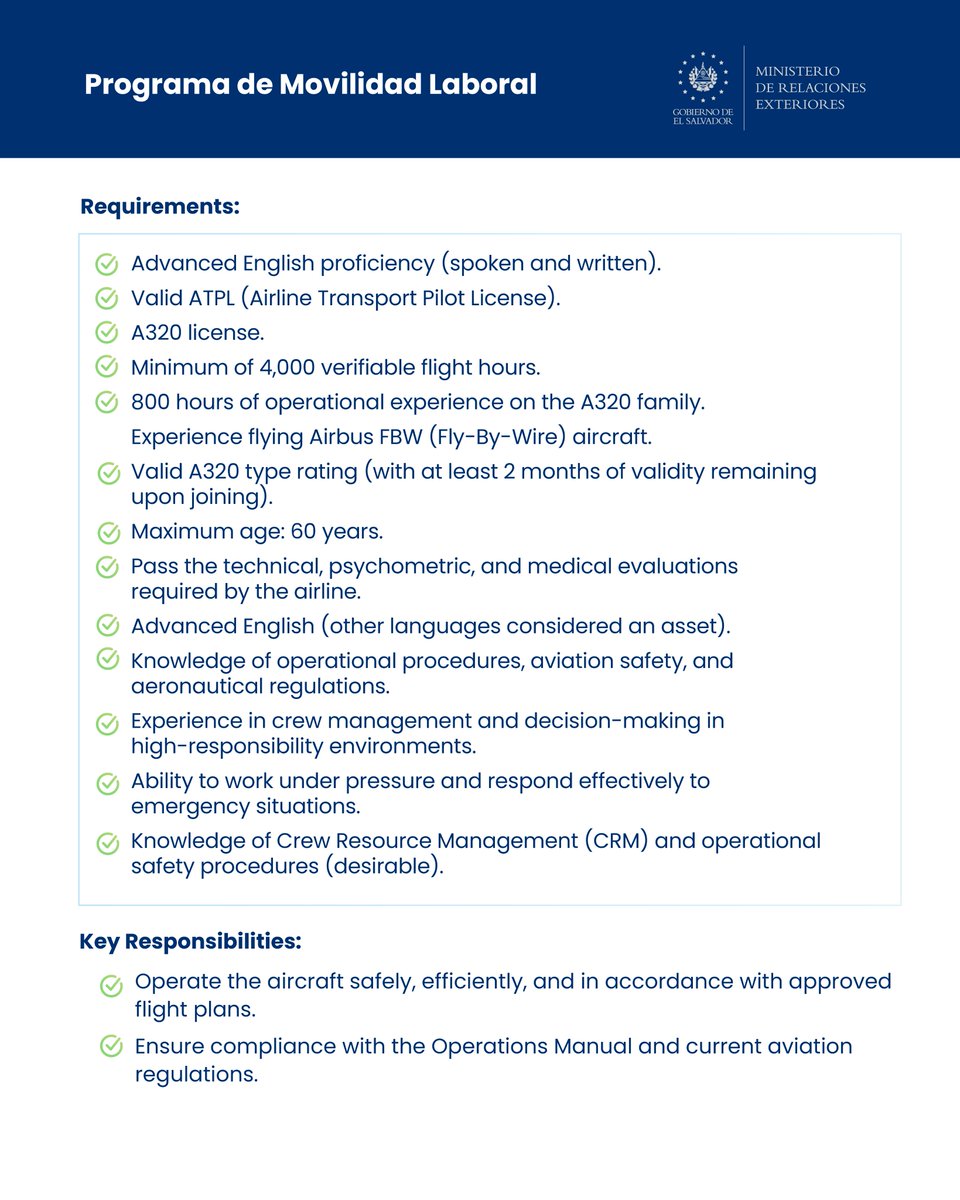 cancilleriasv's tweet photo. ✈️ Apply to our #MovilidadLaboralSV Program.

If you are Salvadoran and have experience as an A320 Captain, participate in this selection process for temporary employment opportunities abroad.

📅 September 21, from 7:00 a.m. to 12:00 p.m.

🔗 Register: https://t.co/YBZQhrncZP https://t.co/yjAU2HhToG
