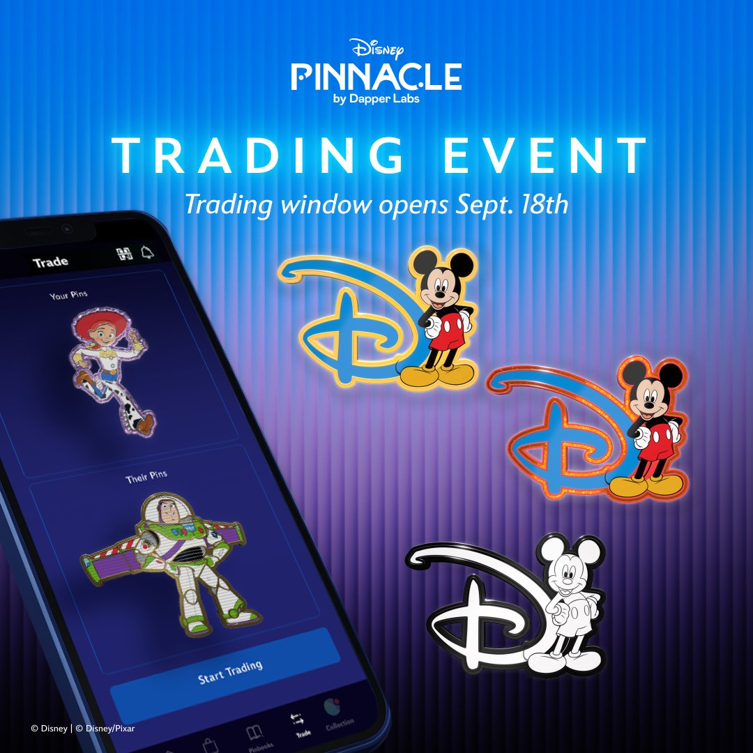 DisneyPinnacle's tweet photo. Live Now: Disney Pinnacle by Dapper Labs Trading Event!

To take part, simply trade with others between now and next Friday. The more you trade, the more digital pins you unlock ✨

There are 3 variants for 5, 15, and 30 unique trading partners. Start trading now, link in 🧵