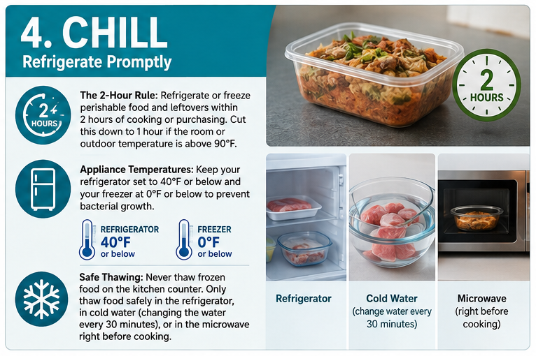 UCCESanDiego's tweet photo. September is National Food Safety Education Month! Keep food safe with 4 simple steps: Clean, Separate, Cook, and Chill. This graphic shares USDA food safety guidance followed by EFNEP at UCCE San Diego. #FoodSafetyMonth https://t.co/ZRIW6Tbet5