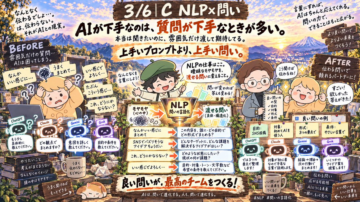 susuwatari129's tweet photo. AIが下手なのは、質問が下手なときが多い。

本当は聞きたいのに、
雰囲気だけ渡して期待してる。

NLPの仕事はここ。
曖昧なモヤモヤを、
渡せる問いに変えること。

上手いプロンプトより、
上手い問い。

#NLP #問いの言語化 https://t.co/e3KS8yJvxZ