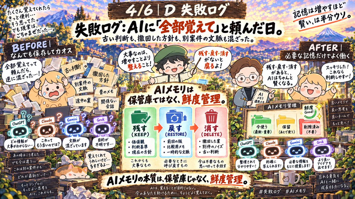 susuwatari129's tweet photo. 失敗ログ：AIに「全部覚えて」と頼んだ日。

古い判断も、撤回した方針も、
別案件の文脈も混ざった。

記憶は増やすほど賢い、は半分ウソ。
残す・戻す・消す、がないと腐る。

AIメモリの本質は保管庫じゃなく、
鮮度管理。

#失敗ログ #AIメモリ https://t.co/2c2XmB1OmL