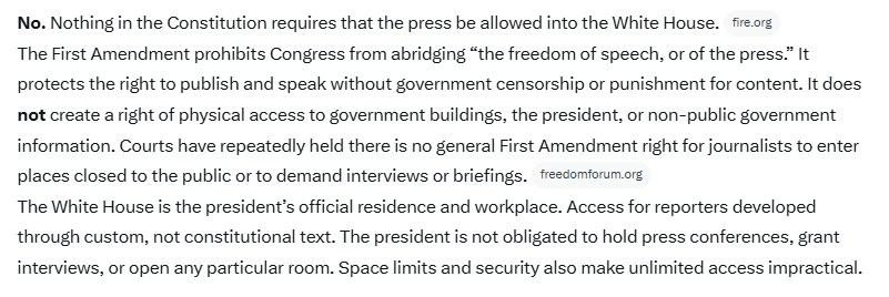 WalkFromDems's tweet photo. Maybe President Trump should do the same number of interactions with the press as Biden did. 442 journalists lost permanent credentials when Biden tightened eligibility rules for “hard passes”. Trump restored them. The Trump team also opened credential applications to independent journalists, podcasters, influencers, and other “new media,” receiving thousands of applications. A dedicated new-media seat was added in the briefing room, and additional reporters often stand around the perimeter.

Trump’s second term has featured far more frequent, longer, and less scripted presidential press interactions than Biden’s term, especially in the Oval Office and informal settings, while Biden’s White House relied more on staff briefings and shorter, more controlled exchanges. Biden’s sessions were typically shorter, with fewer follow-ups and more use of prepared lists of reporters. Trump II sessions are often lengthy, unscripted, and wide-ranging. He takes large numbers of questions per event, calls on a mix of outlets, and frequently engages on Air Force One or in the Oval.
Oval Office: Trump II did 95 events with questions in the first year, versus 27 for Biden’s first year. Air Force One/gaggle access was also much higher (73 vs. 17 in comparable first-year periods).